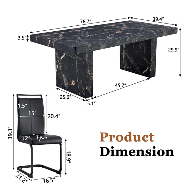 English Elm Table and Chair Set 9 Piece Black Marble Mdf Dining with 8 Pu Leather Seats W1151S03924