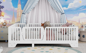 English Elm Twin Montessori Floor Bed with Safety Rails Hinged Door and Plywood Slats for Kids White W2593P381112