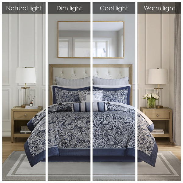 English Elm 12 Piece Aubrey Comforter Set Queen with Cotton Sheets Jacquard Paisley Blue Silver Sheen Elegance Navy 24.02 L x 18.9 W x 16.93 H B03597015