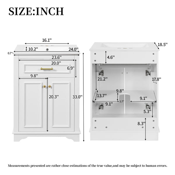 English Elm 24" Matte Single Sink Vanity Solid Poplar Frame Gold Hardware Soft Close Cabinet White N710P389449K