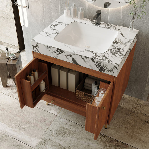 English Elm Mid-century Freestanding Bathroom Vanity Faux Marble Ceramic Sink Gold Legs Storage W3136S00067