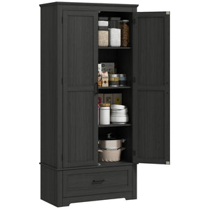 English Elm HOMCOM 67" Freestanding Kitchen Pantry Cabinet with 4 Doors, 6-Tier Adjustable Shelves, Rustic Charm Black W2225P249925