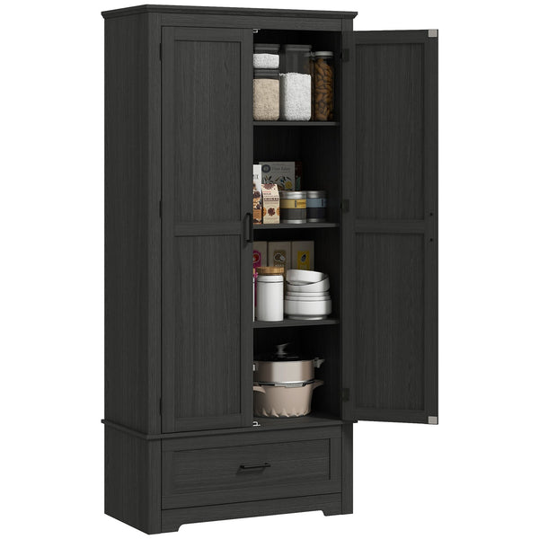 English Elm HOMCOM 67" Freestanding Kitchen Pantry Cabinet with 4 Doors, 6-Tier Adjustable Shelves, Rustic Charm Black W2225P249925