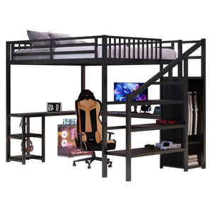 English Elm Metal Queen Loft Bed with Wardrobe, LED Light, L-Shaped Desk and USB Ports for Space-Saving Rooms Black 65.75 L x 17.52 W x 6.3 H W2593S00043