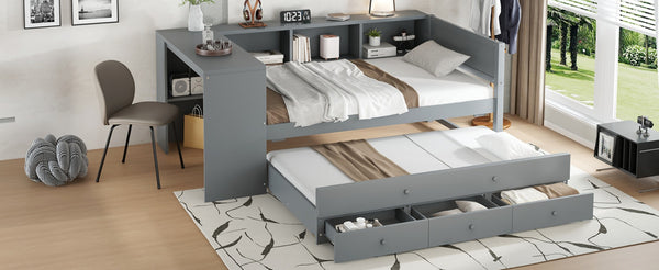 English Elm Twin Size Daybed With Trundle And Desk, Stylish Wood Frame With Storage Drawers And Shelves, Gray W1580S00204-GIGA