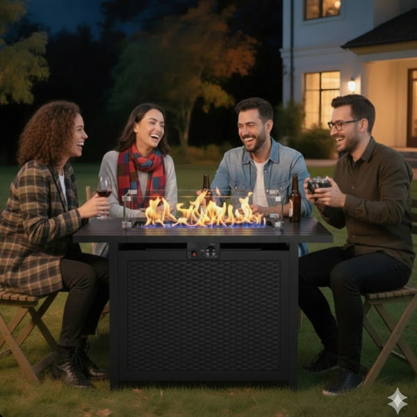 English Elm 43 Inch Faux Rattan Propane Fire Pit Table 50000 Btu with Glass Shield Lava Rock B082P454992