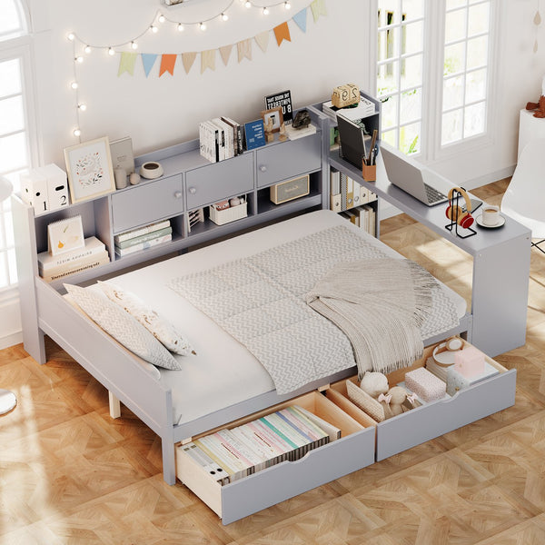 English Elm Full Full Size Daybed with Storage: L-Shape Wooden Frame, 3 Cabinets 2 Drawers, Desk & Bookshelf Gray N733S247077E