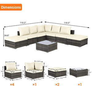 English Elm 8 Piece Modular Wicker Sectional Set with Tempered Glass Table for Patio Resort Style Beige W874S00057