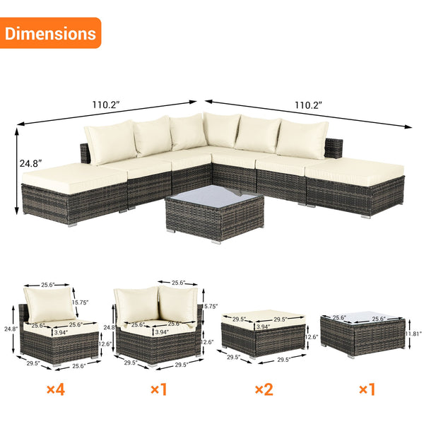 English Elm 8 Piece Modular Wicker Sectional Set with Tempered Glass Table for Patio Resort Style Beige W874S00057
