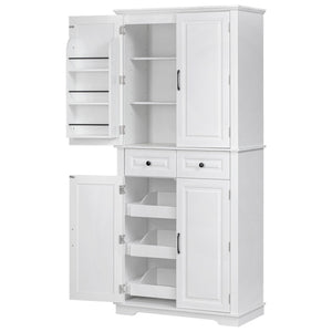 English Elm K&K 71" Tall Farmhouse Pantry Cabinet with Groove Edges, 3 Pull-Out Organizers, 6 Door Shelves White N707P256507W