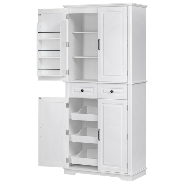English Elm K&K 71" Tall Farmhouse Pantry Cabinet with Groove Edges, 3 Pull-Out Organizers, 6 Door Shelves White N707P256507W