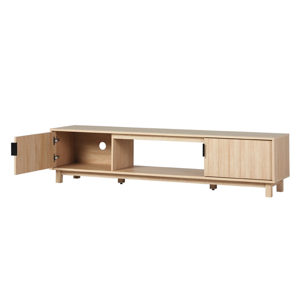 Arundo Mid-century Modern 70" TV Stand with Fluted Doors, Open Storage & Coastal Oak Finish