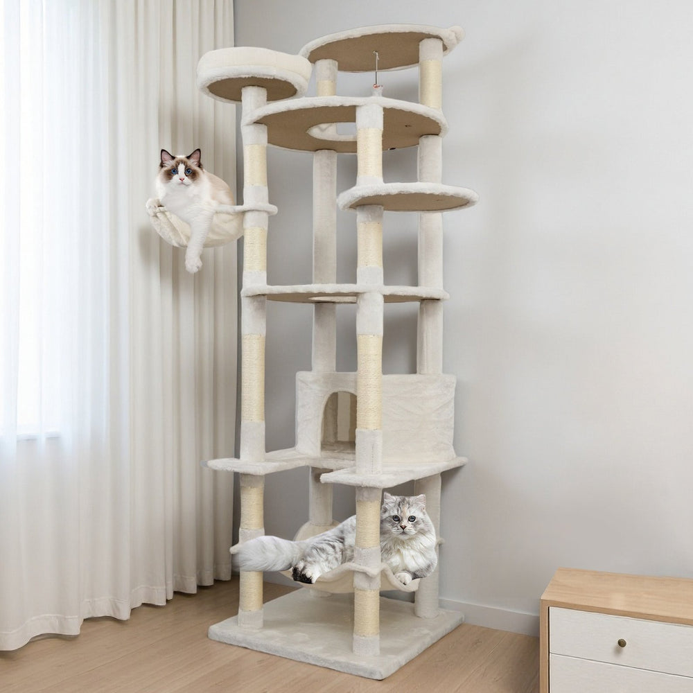 English Elm 84 Inch Tall Multi Cat Tower with Sisal Posts Hammock Triple Condos and Top Perch W243P382885