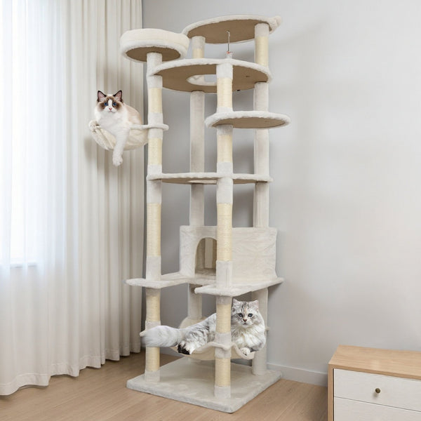 English Elm 84 Inch Tall Multi Cat Tower with Sisal Posts Hammock Triple Condos and Top Perch W243P382885