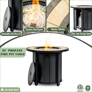 English Elm 30" 30inch Propane Fire Pit Table 50000 BTU Mosaic Ceramic Top Steel Frame ETL Approved Patio Garden Black+Brown W853P293850
