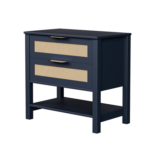English Elm Rattan Front Boho Coastal Nightstand with Gold Pulls Open Shelf and Woven Drawer Accents Navy Blue T3210P471551