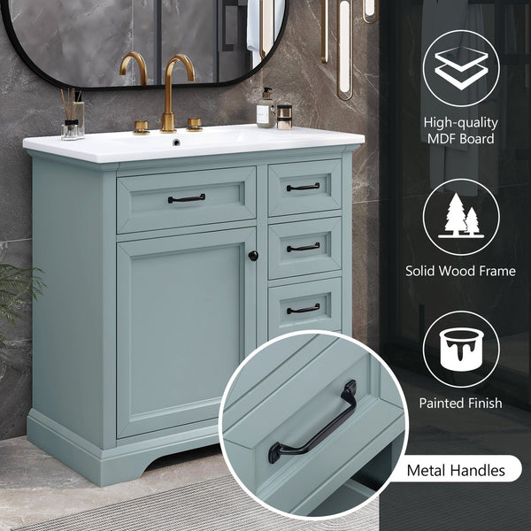 English Elm [video] 36 Inch Freestanding Bathroom Vanity Rubberwood Cabinet with Ceramic Sink Storage Grey N759P313315F
