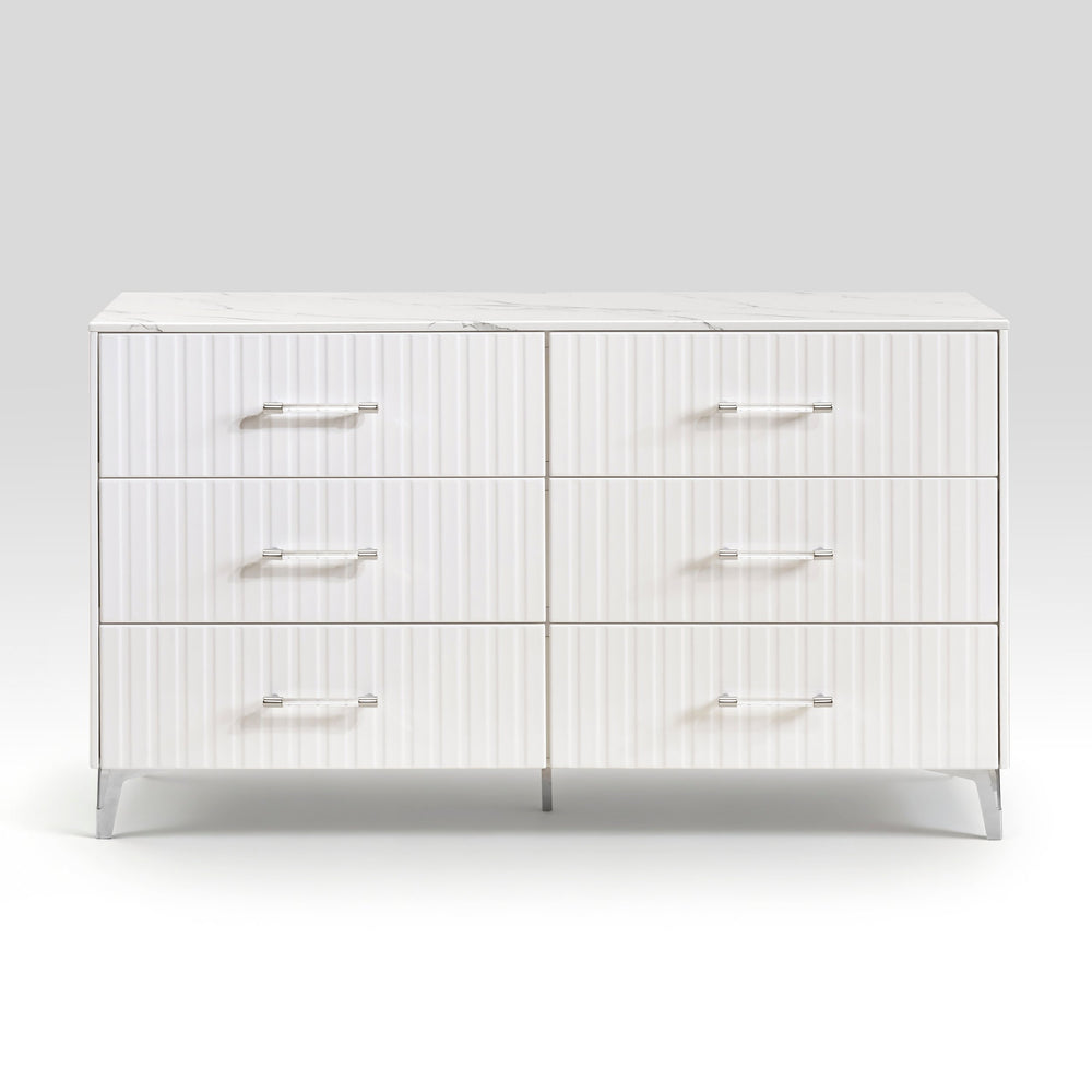English Elm Glam White Six Drawer Dresser Faux Marble Top Chrome Legs Bedroom Storage B011P443206
