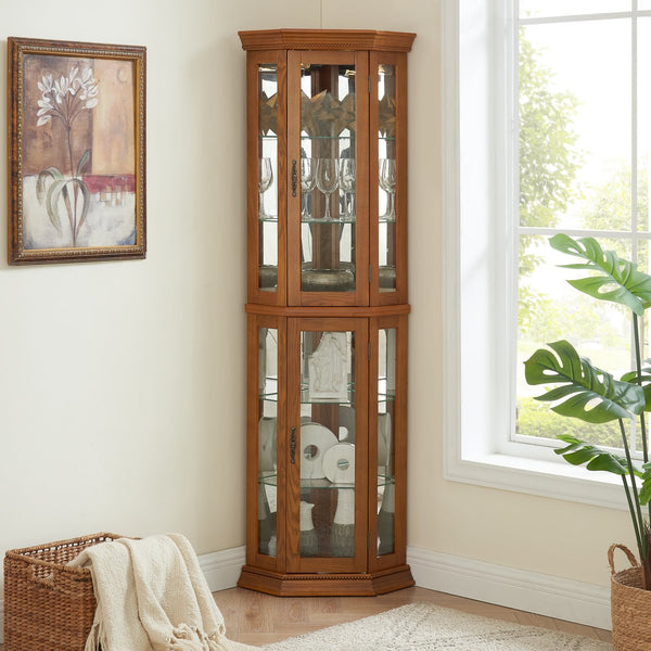 English Elm Lighted Corner Curio Cabinet - Elegant Display Shelf With Adjustable Glass Shelves & Ambient Lighting W1758P300137