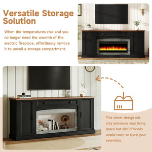 English Elm On-trend Farmhouse Electric Fireplace Console Walnut Veneer Media Cabinet for Living Room Black N721S000069B