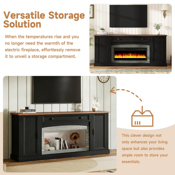 English Elm On-trend Farmhouse Electric Fireplace Console Walnut Veneer Media Cabinet for Living Room Black N721S000069B