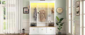 English Elm Farmhouse Hall Tree with Triple Arch Back Panel Eight Hooks Drawers and Entryway Bench White N721S000062K