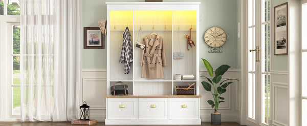 English Elm Farmhouse Hall Tree with Triple Arch Back Panel Eight Hooks Drawers and Entryway Bench White N721S000062K
