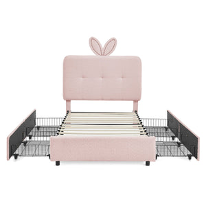 English Elm Twin Kids Boucle Upholstered Bed Rabbit Ear Headboard Led Lighting Four Storage Drawers Pink W1413P384920