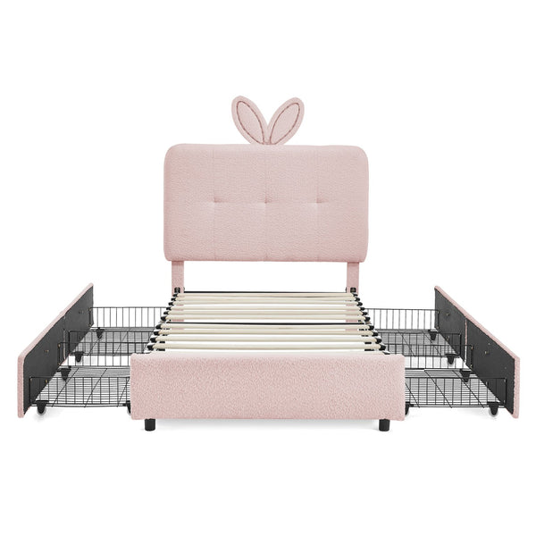 English Elm Twin Kids Boucle Upholstered Bed Rabbit Ear Headboard Led Lighting Four Storage Drawers Pink W1413P384920
