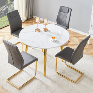 English Elm Table and Chair Set Extendable Mdf Round Oval Dining with Gold Arched Legs Dark Gray,White+Gold W1151S03947