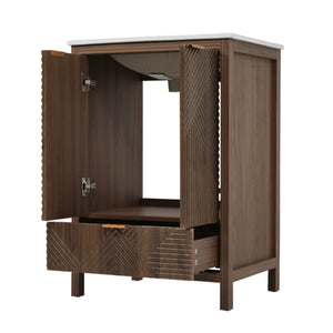 English Elm Christopher Knight Home® - 24 24-Inch Bathroom Vanity with Ceramic Sink, Textured Panels, Soft-Close Drawer & Large Storage Brown N817P339017B