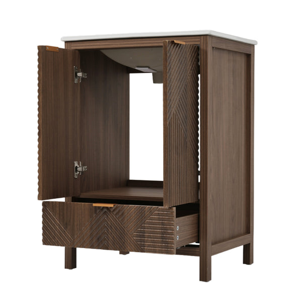 English Elm Christopher Knight Home® - 24 24-Inch Bathroom Vanity with Ceramic Sink, Textured Panels, Soft-Close Drawer & Large Storage Brown N817P339017B