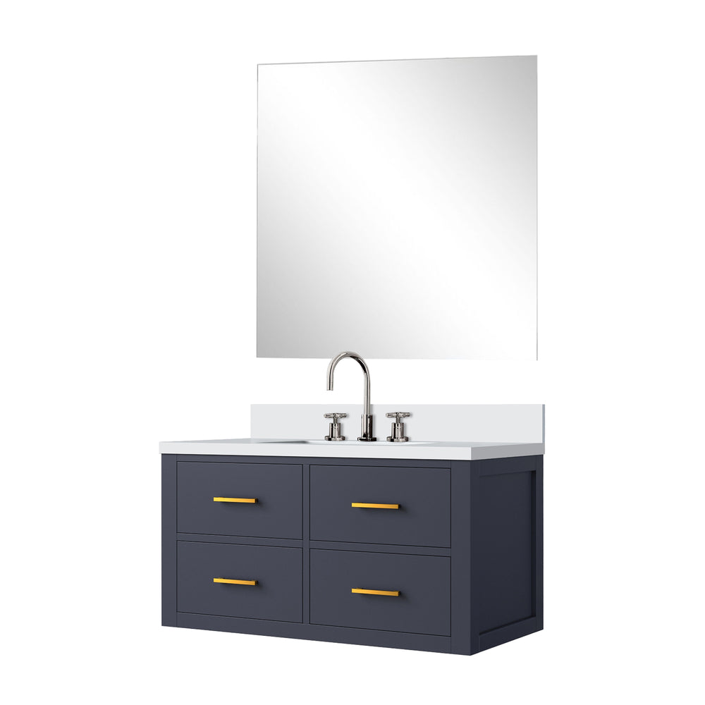 English Elm Blue Single Bath Vanity Set With White Quartz Top, Frameless Mirror & Chrome Faucet - Stylish Upgrade! B2731S01985