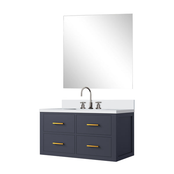 English Elm Blue Single Bath Vanity Set With White Quartz Top, Frameless Mirror & Chrome Faucet - Stylish Upgrade! B2731S01985