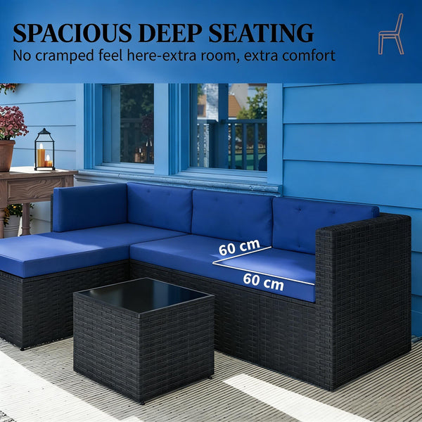 English Elm Comfortable Outdoor 3 Piece Pe Wicker Patio Set with Chaise Sofa and Glass Table Dark Brown,Navy Blue T3971S00210