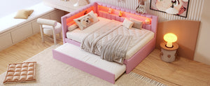 English Elm Upholstered Full Platform Bed with Trundle, Built-In USB Ports & LED Accent, Linen Upholstery Pink DL001925AAH