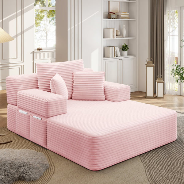 English Elm Luxurious Corduroy Frameless Chaise with Sleeper Conversion Foam Cushioning and Storage Pocket Baby Pink W3219P459763