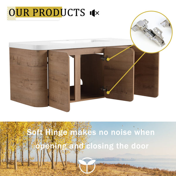 English Elm 48" Floating Bathroom Vanity Dual Ceramic Vessel Sinks Oak Finish Soft Close Doors W999S00507