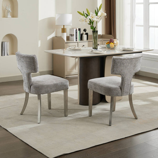 English Elm Mid Mid Century Modern Dining Chair Set with Curved Copper-Nail Backrest, High-Density Foam Seat, Brushed Stainless Legs Gray W1143P314900