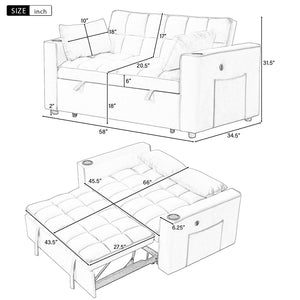 English Elm 58" 4-1 Multi-Functional Sofa Bed With Cup Holder and Usb Port For Living Room Or Apartments, Gray