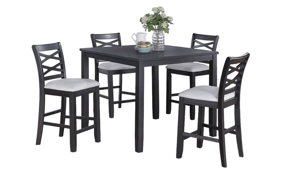 English Elm Dining 5pc Counter Height Charcoal Dining Set with Upholstered Cushions, Rubberwood X-Back Chairs B011P373691