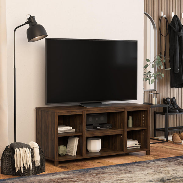 English Elm Parsons TV Stand for TVs up to 50" with ample open shelving, cord management, modern oak finish Walnut B2733P384502