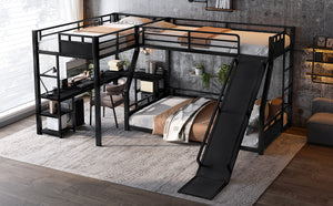 English Elm L-Shaped Metal Bunk Bed With Slide, Twin Loft, Desk & Storage Shelves - Space-Saving Design In Black! W1580S00278