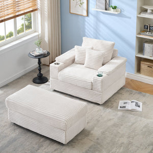 English Elm This Corduroy Single Seat Armchair with Storage Ottoman and Built-in Cup Holders White W1278S00078