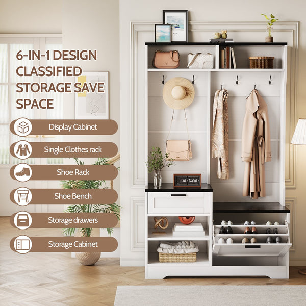 English Elm Hall Tree Entryway Organizer with Bench Seat Shoe Cabinet and Coat Hooks Mdf Farmhouse White+Black T5618P448219
