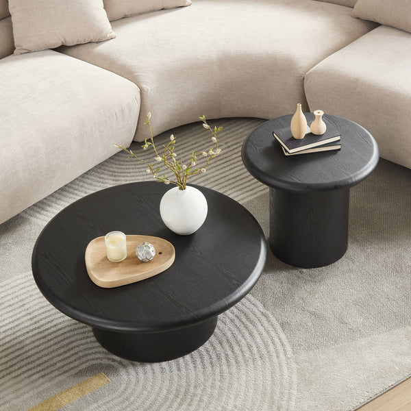 English Elm 2-piece Nesting Round Coffee Table Set Wood Veneer Sculptural Living Room Accent Black W2582S00185