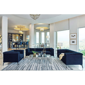 English Elm Darci Blue Velvet Loveseat with Vertical Channel Tufting, Angled Black Metal Legs for Luxe Style B062P357779