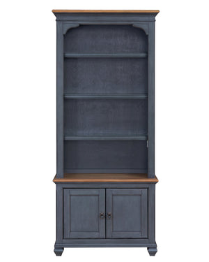 English Elm 84 Inch Americana Bookcase in Corduroy Blue Finish — Fully Assembled Rubberwood & Birch Shelves, Antique Pewter Hardware, Coastal Distressed Charm, 4 Shelves + 2 Doors (84") B108P193073