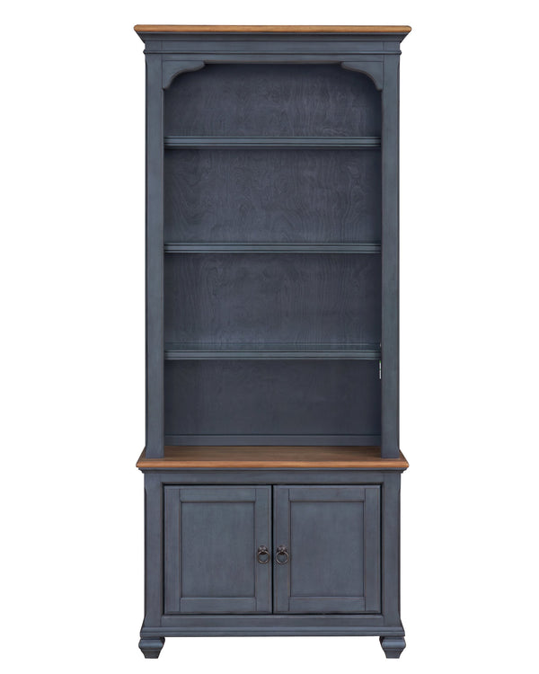 English Elm 84 Inch Americana Bookcase in Corduroy Blue Finish — Fully Assembled Rubberwood & Birch Shelves, Antique Pewter Hardware, Coastal Distressed Charm, 4 Shelves + 2 Doors (84") B108P193073