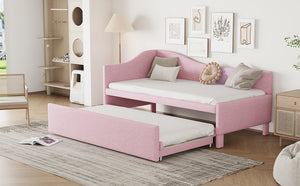 English Elm Twin Upholstered L-Shaped Daybed with Pop-Up Trundle, Space-Saving Guest Bed with Slats Kit and 400lb Capacity Pink SF000193AAH